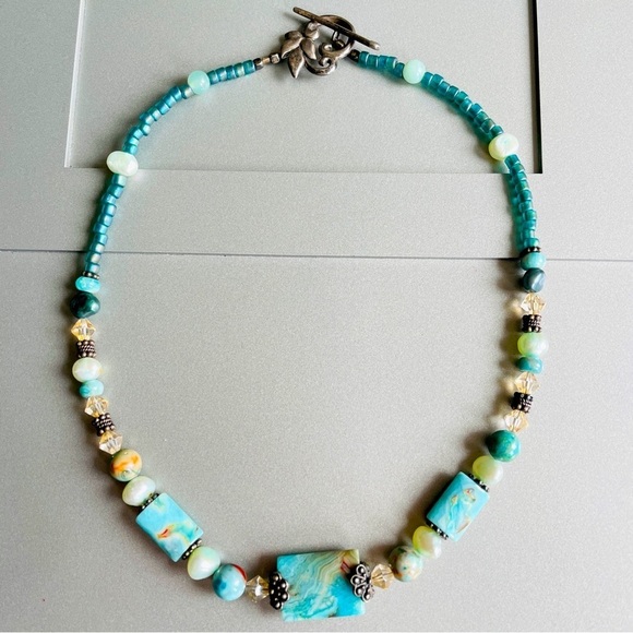 Jewelry - Natural Amazonite, Pearl, Glass Bead, Sterling Silver Vintage Designer N…